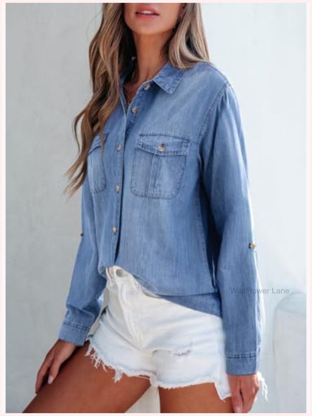 Women's Long Sleeve Button Down Denim Shirt - Classic Jean Top - Picture 3 of 7
